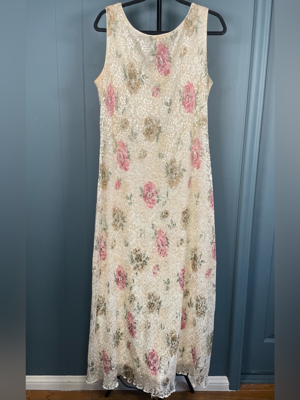 90s Vintage Ronni Nicole White Pink Floral Lace Maxi Dress Size 16 Cottagecore